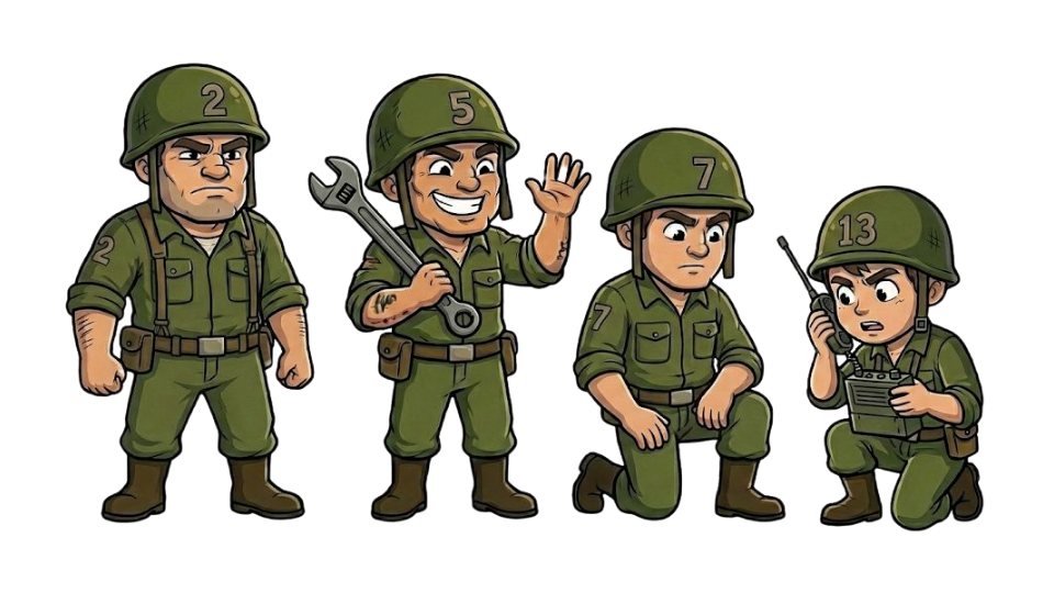 Equipe de agentes primos 2, 5, 7 e 13 em posição de estratégia