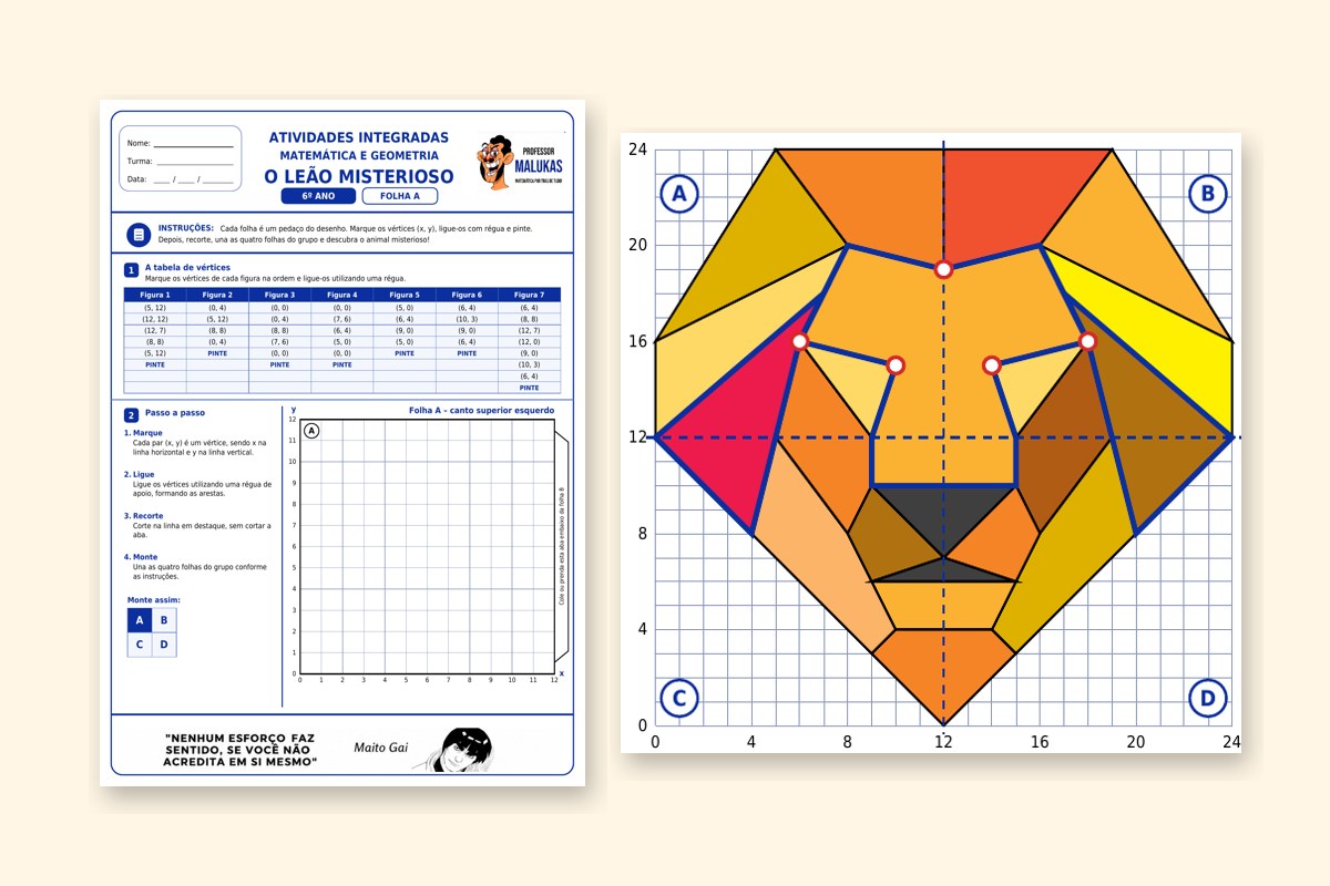 Folha A da atividade O Leão Misterioso ao lado do desenho completo do leão no plano cartesiano